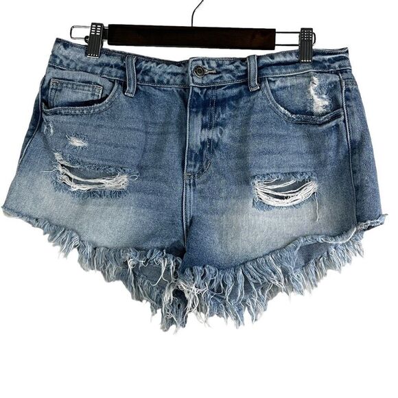 Cello cut-off jean shorts Women's L destroyed distressed frayed hem medium wash - Picture 1 of 5